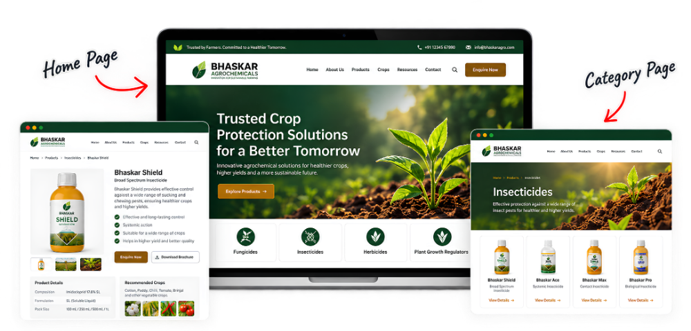 Bhaskar Agrochemicals responsive website design showing home page, product page and category page